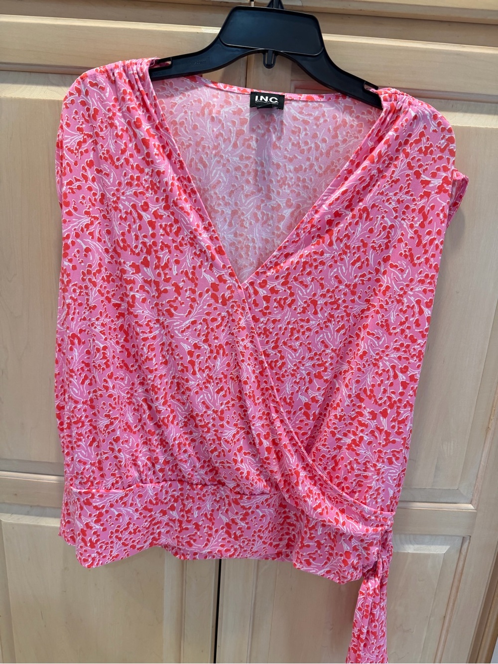 INC International Concepts Pink Faux Wrap Blouse with Side Tie Detail OX